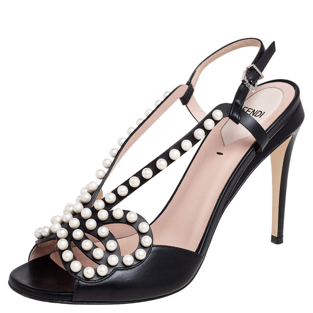 Fendi Black Leather Faux Pearl Embellished Slingback Sandals Size 39.5