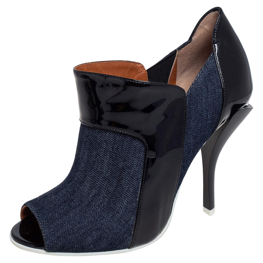 Pre Owned Fendi Blue/Black Patent Leather and Canvas Peep Toe Booties Size 40
