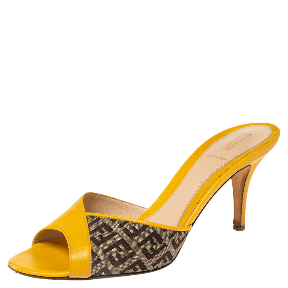 Fendi Yellow/Brown Leather and Zucca Canvas Slide Sandals Size 38