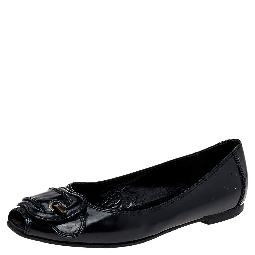 Pre Owned Fendi Black Patent Leather Buckle Flats Size 37