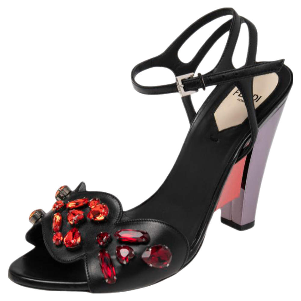 Pre Owned Fendi Black Leather Crystal Embellished Ankle Strap Sandals Size 37