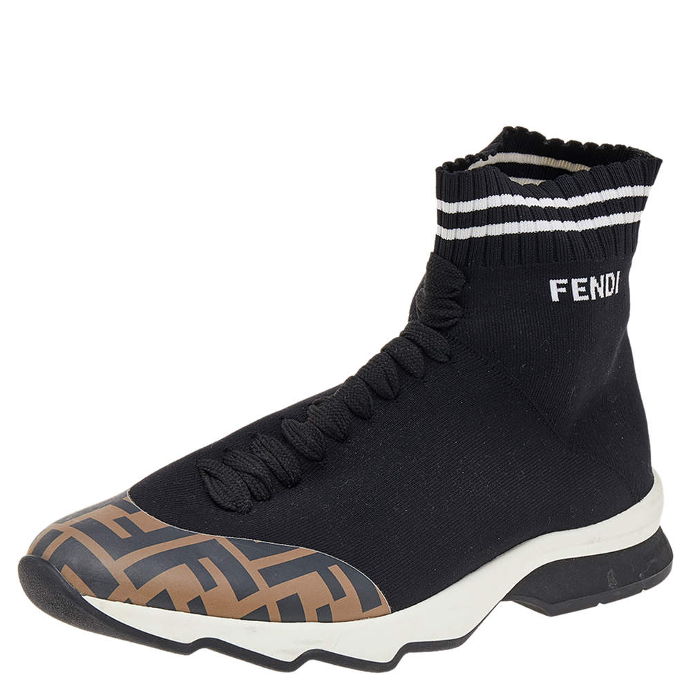 Pre Owned Fendi Black/Zucca Knit Fabric And Synthetic Leather Sock High Top Sneakers Size 39