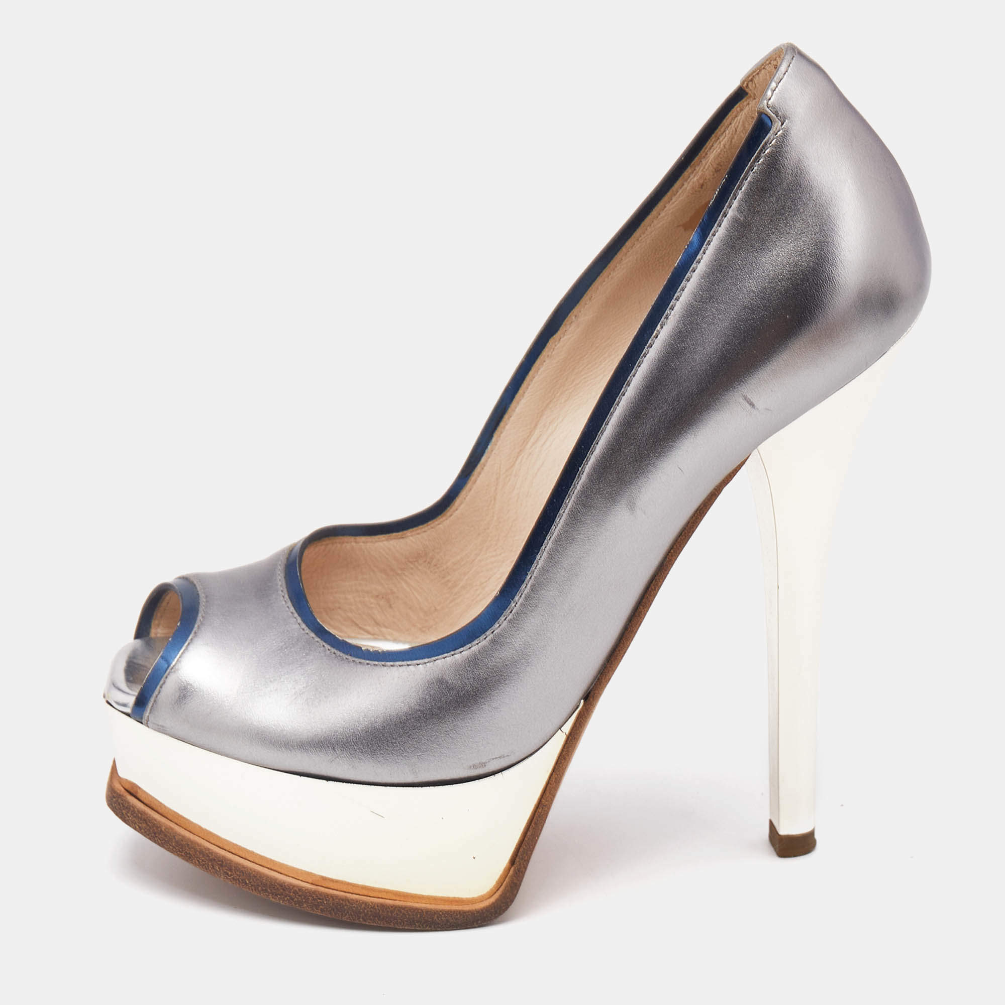 Fendi Silver/Blue Leather Fendista  Peep Toe Pumps Size 35
