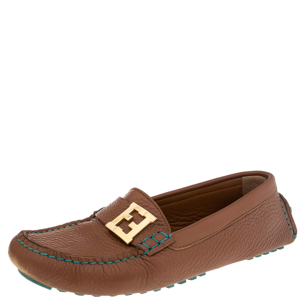 Fendi Brown/Turquoise Leather FF Logo Loafers Size 38.5