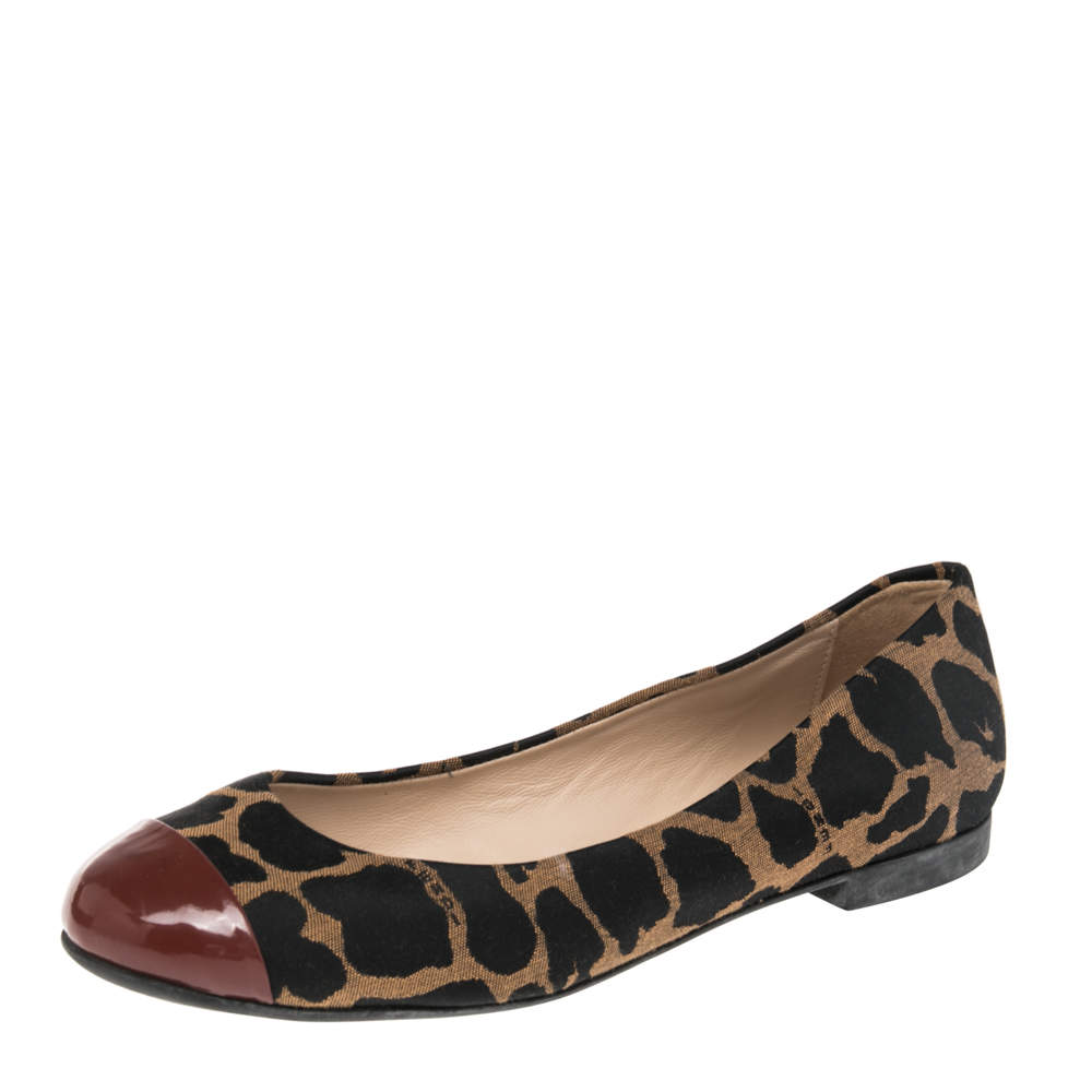 Fendi Brown/Black Patent Leather And Canvas Leopard Print Cap Toe Ballet Flats Size 39