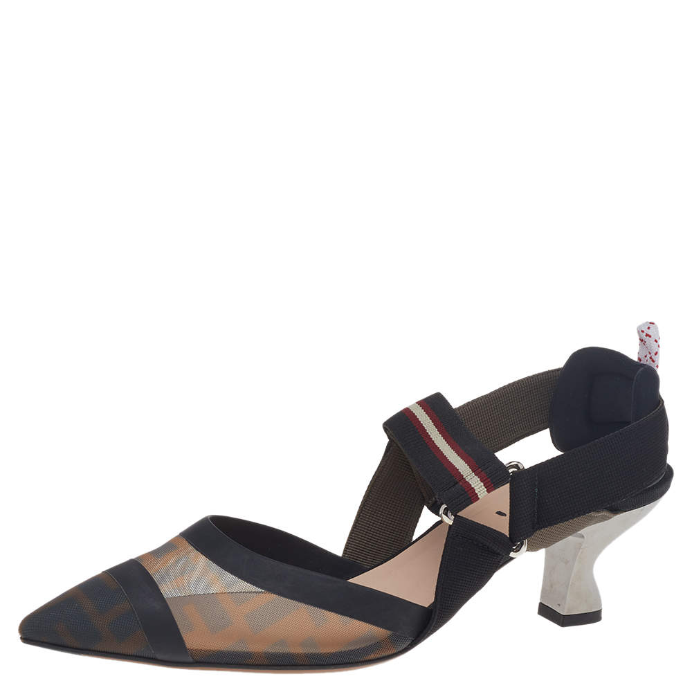 Pre Owned Fendi Brown FF Mesh An Leather Colibri Slingback Sandals Size 38.5
