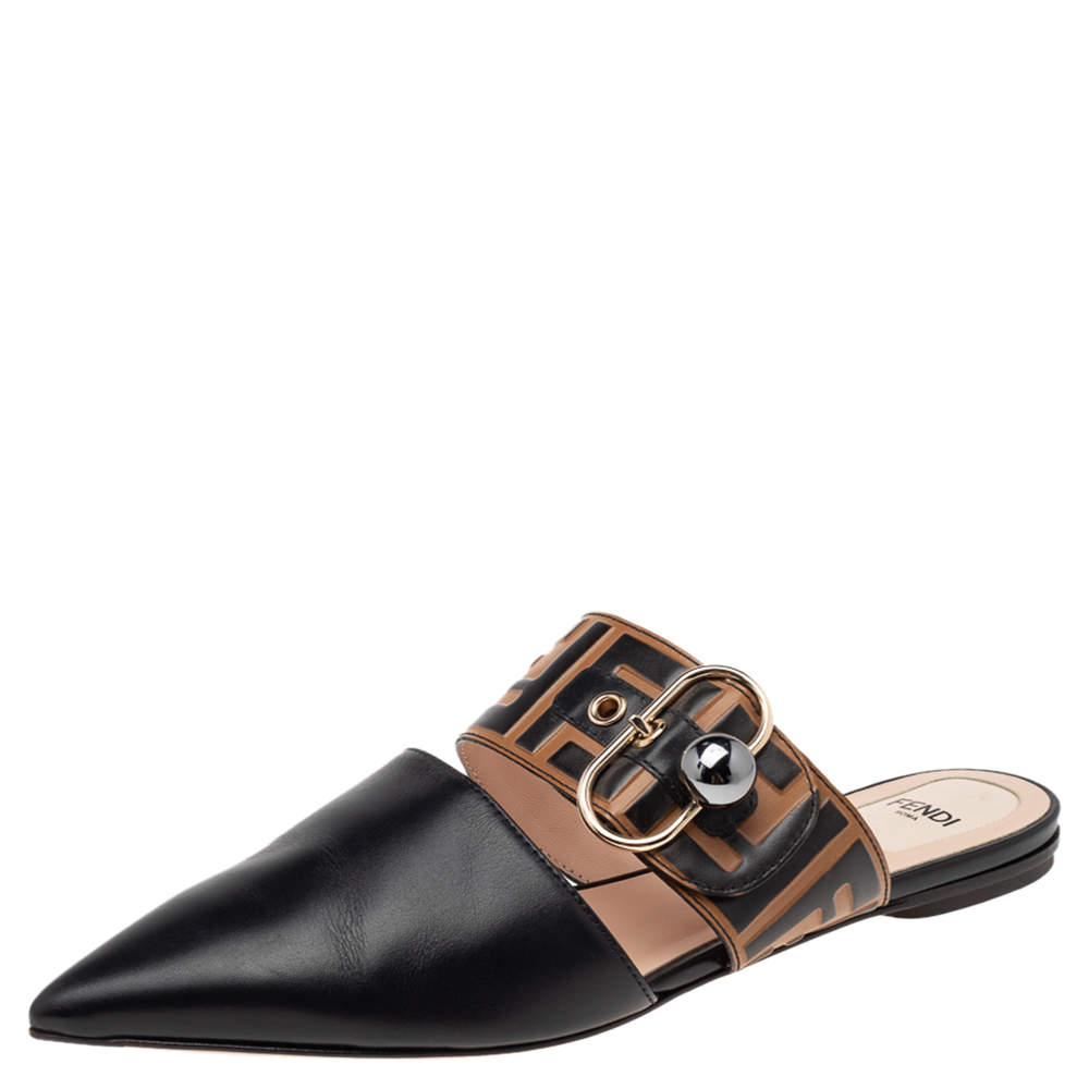 Pre Owned Fendi Black/Tobacco Zucca Leather Signature Flat Mule Sandals Size 38
