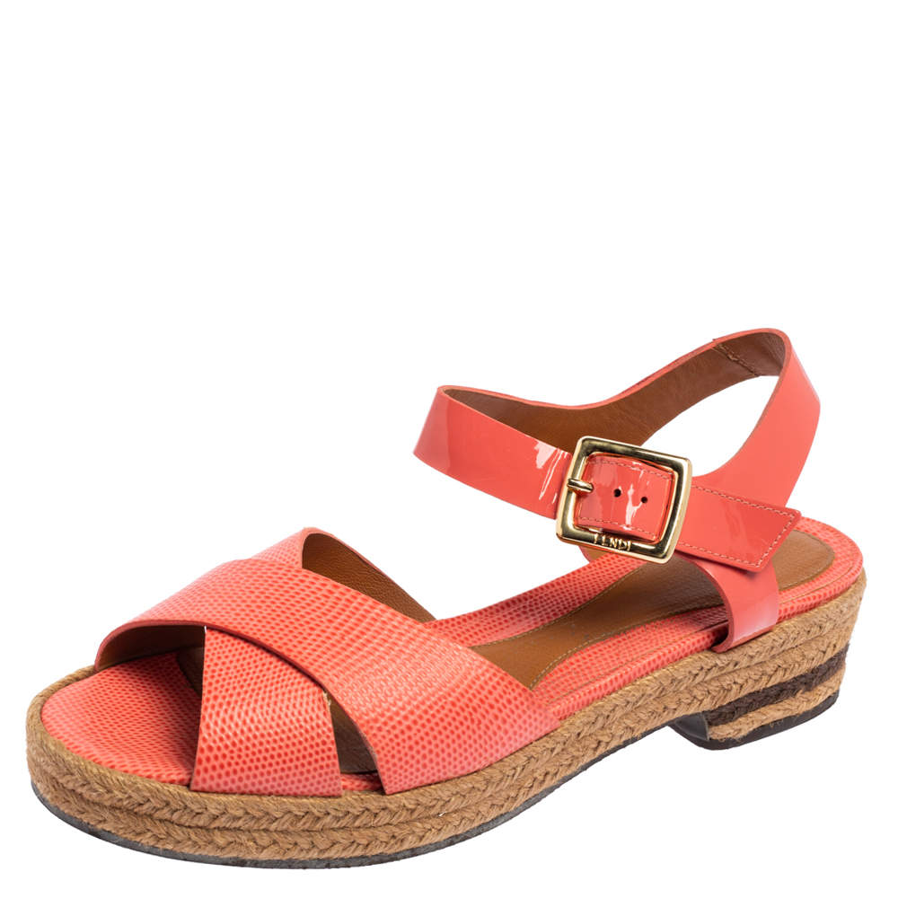Pre Owned Fendi Pink Patent and Lizard Embossed Leather Hydra Cross Strap Espadrille Platform Sandals Size 39