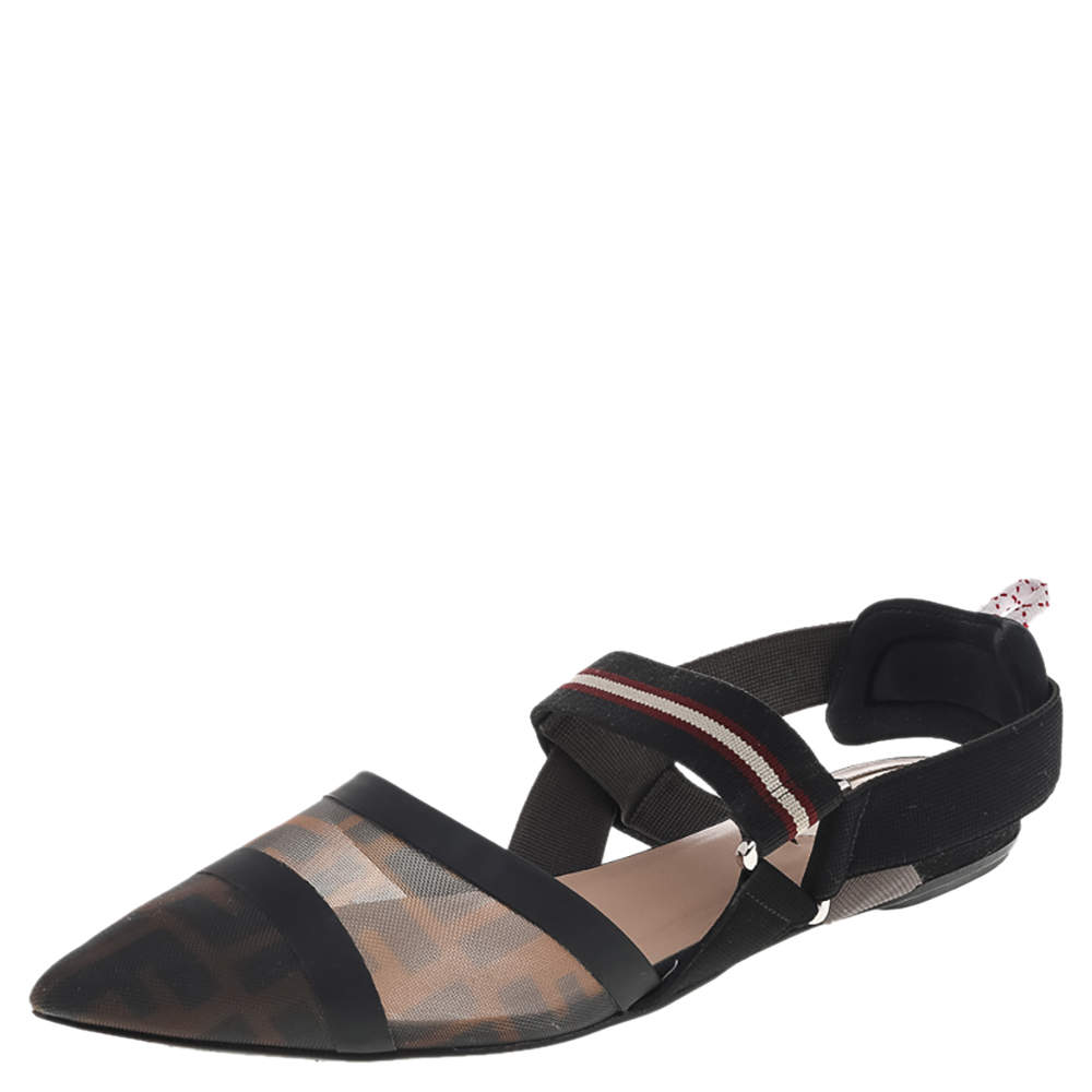 Pre Owned Fendi Brown/Black FF Mesh And Leather Colibri Slingback Flat Sandals Size 40