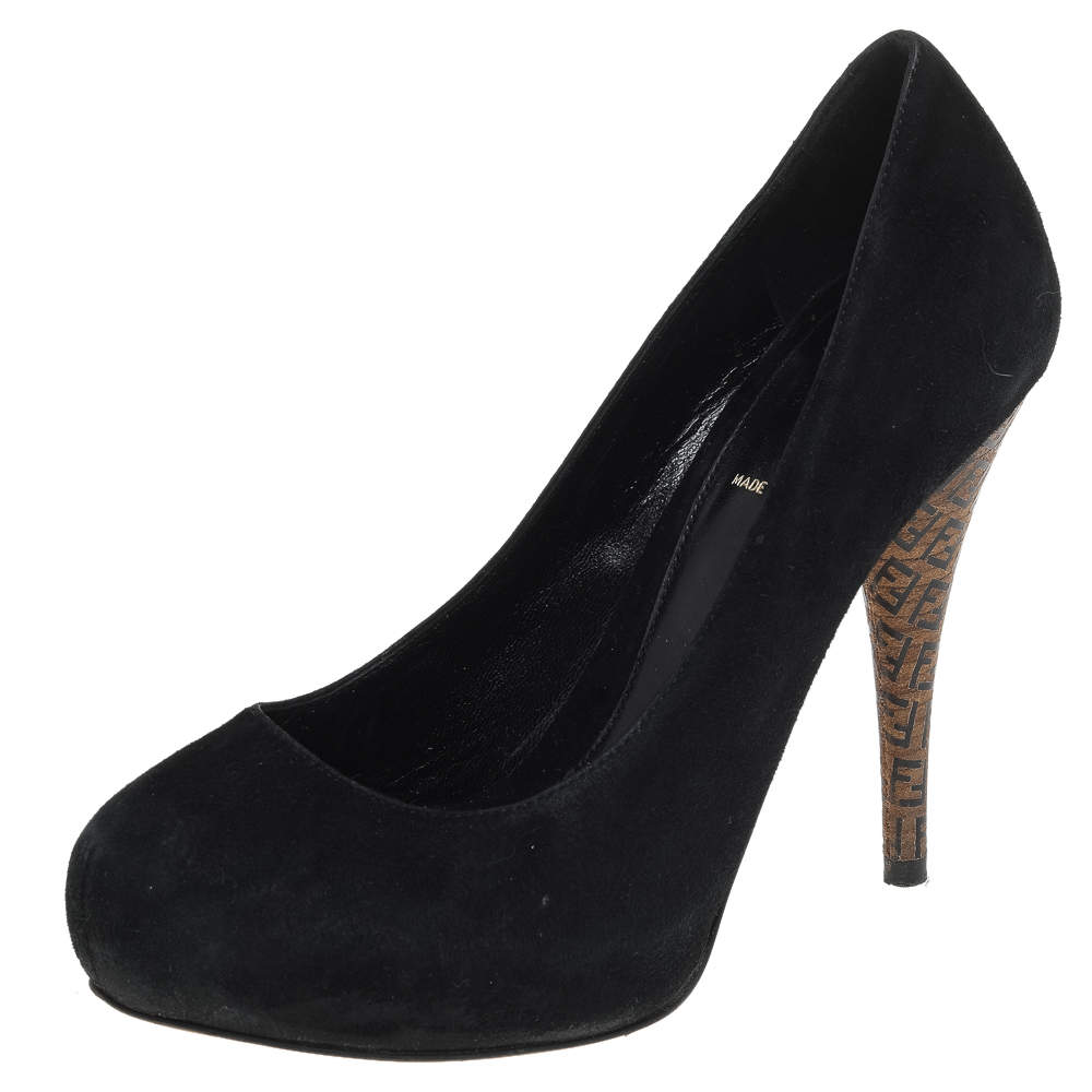Pre Owned Fendi Black Suede Platform Zucca Heel Pumps Size 37