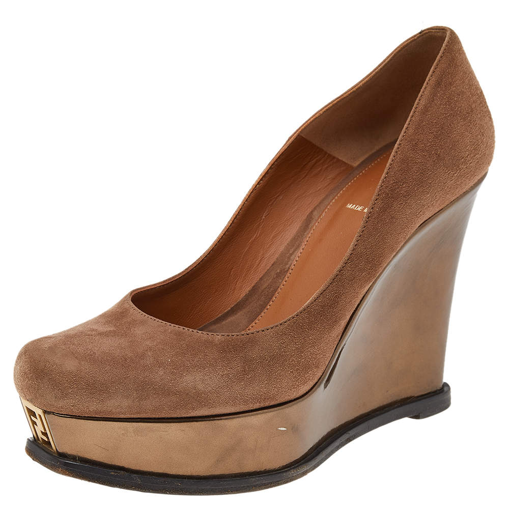 Pre Owned Fendi Brown Suede Platform Wedge Pumps Size 38
