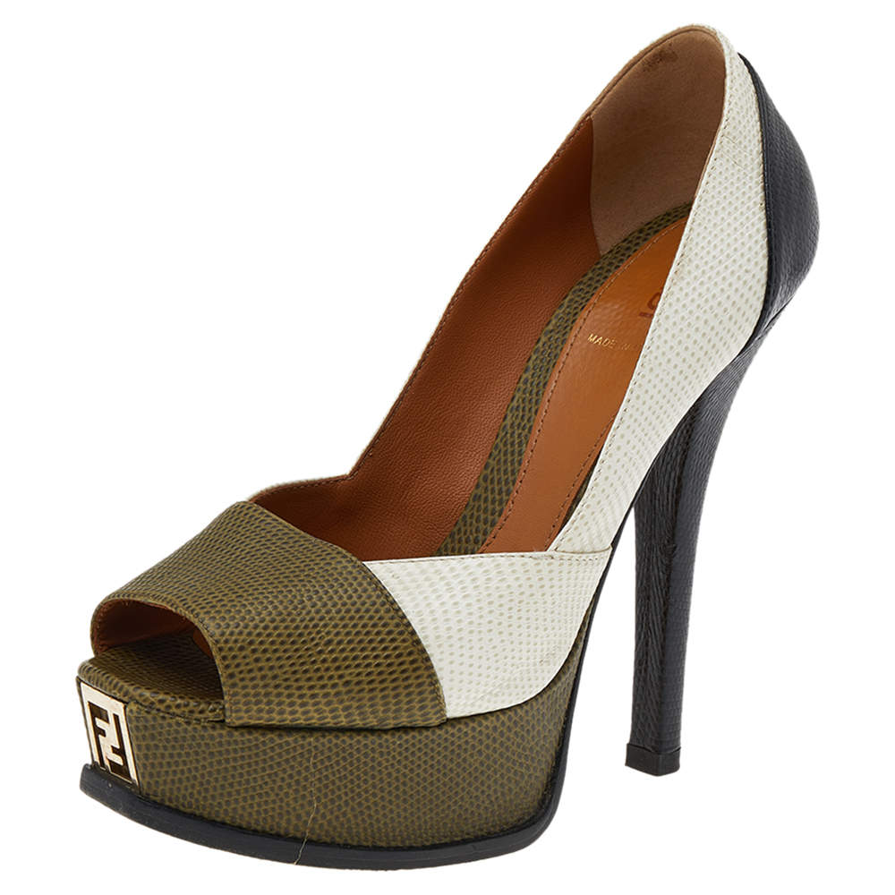 Pre Owned Fendi MultiColor Lizard Embossed Leather Fendista Peep Toe Platform Pumps Size 35.5