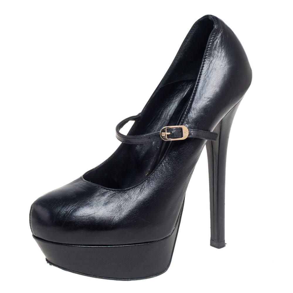 مملوكة مسبقًا Fendi Black Leather Mary Jane Platform Pumps Size 38.5