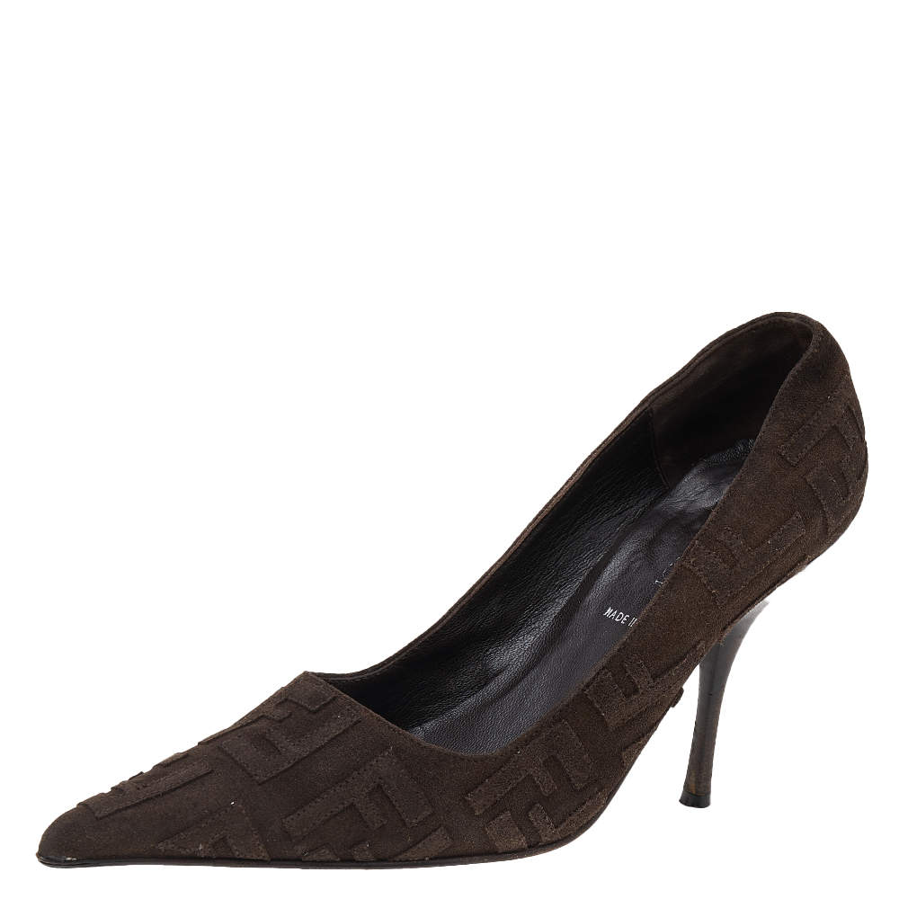 Pre Owned Fendi Dark Brown Suede FF Pointed Toe Pumps Size 36
