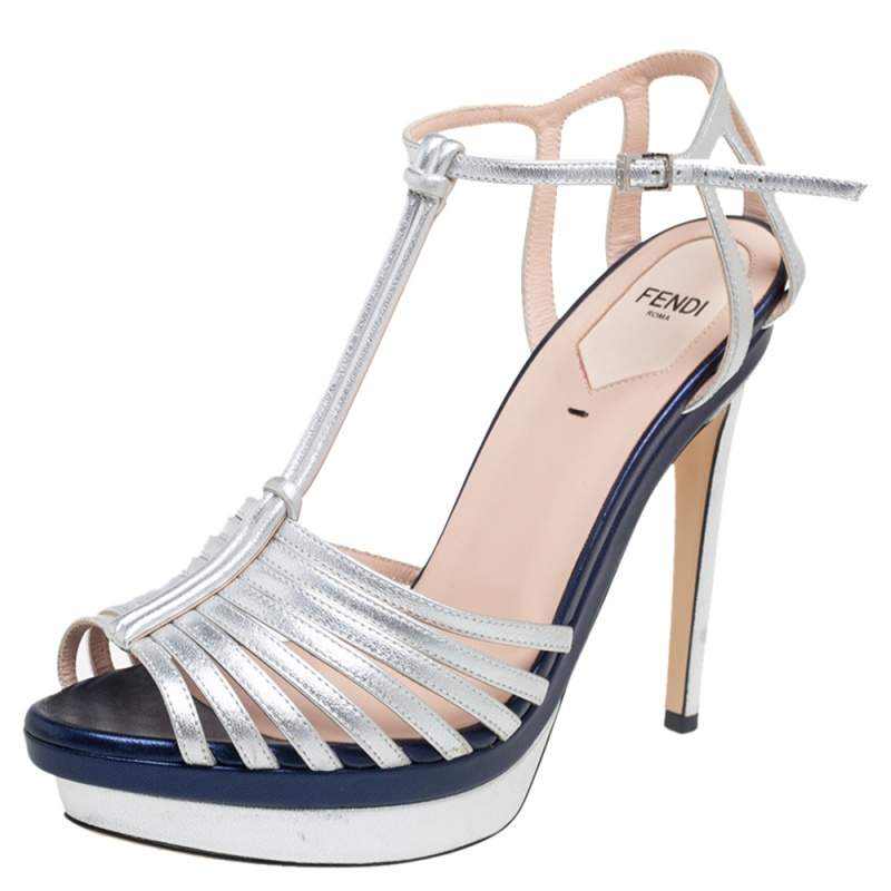 Fendi Metallic Silver Leather T- Strap Platform Sandals Size 38