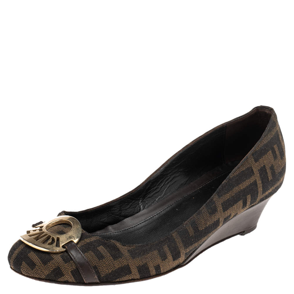 Pre Owned Fendi Brown Zucca Canvas And Leather  Wedge Pumps Size 38.5