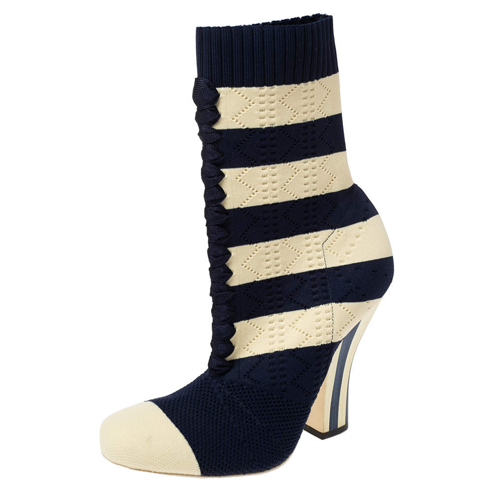 Pre Owned Fendi Navy Blue/Cream Striped Knit Fabric Sock Boots Size 37