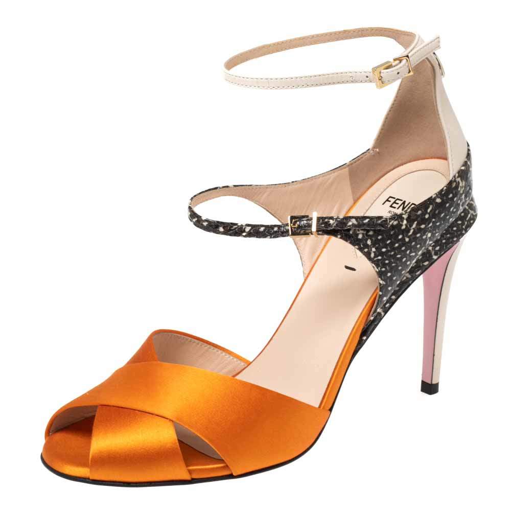 Pre Owned Fendi Multicolor Satin And Leather Criss Cross Ankle Strap Sandals Size 38
