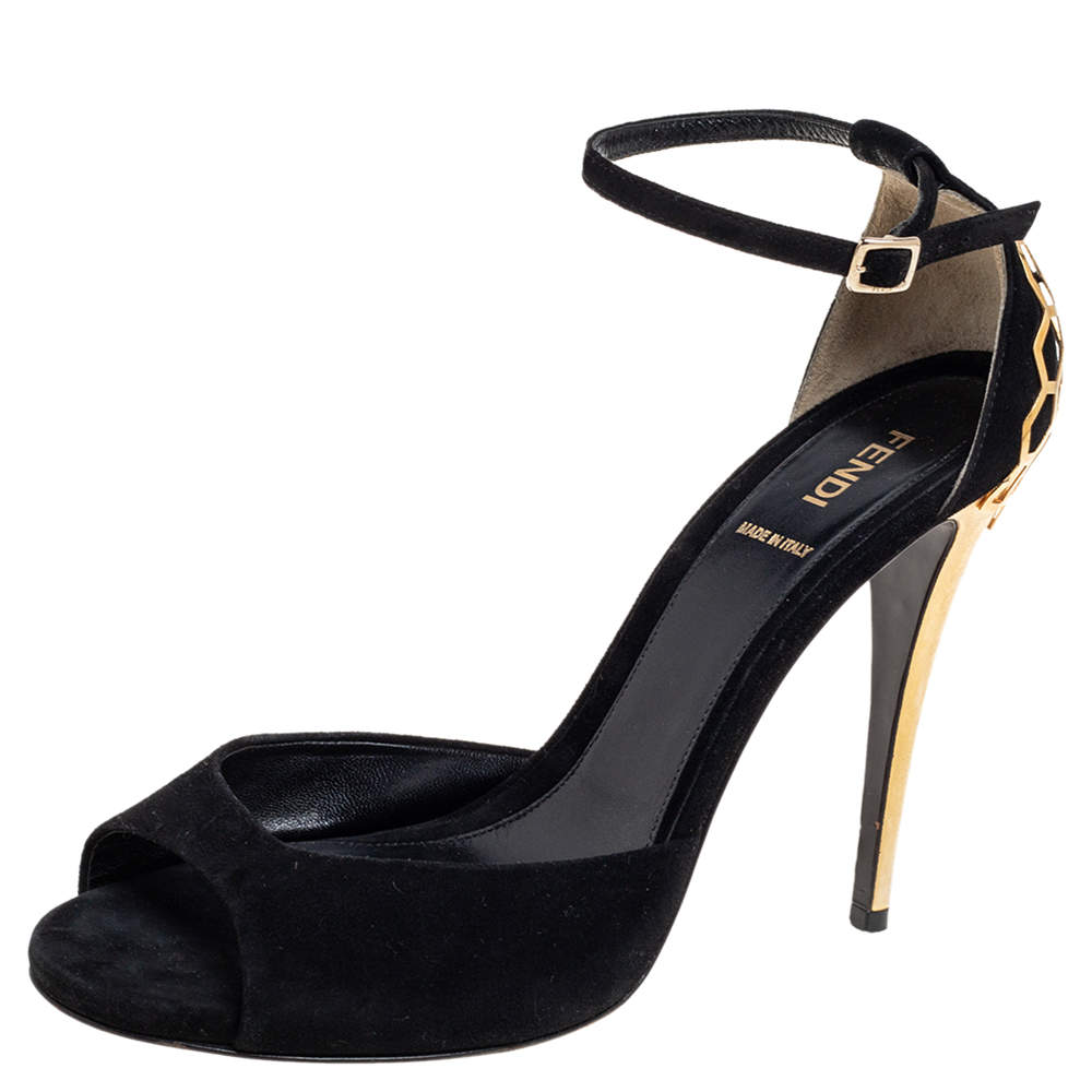 Pre Owned Fendi Black Suede Ankle Strap Sandals Size 40