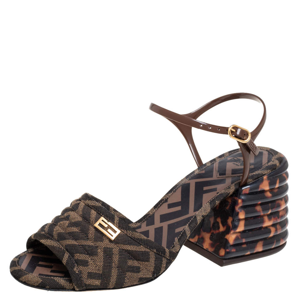 Fendi Tobacco Zucca Canvas FF Motif Promenade Ankle-Strap Sandals Size 38