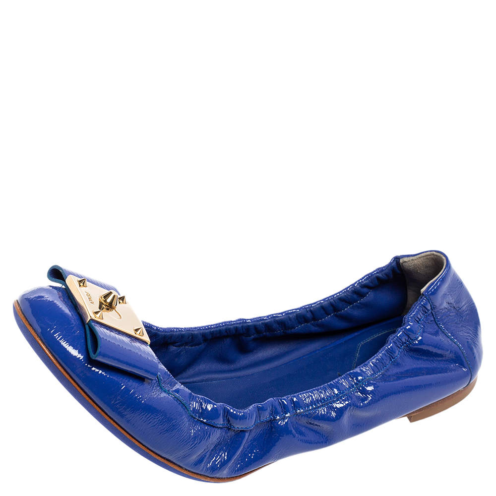 Pre Owned Fendi Royal Blue Patent Leather Bow Detail Scrunch Ballet Flats Size 41