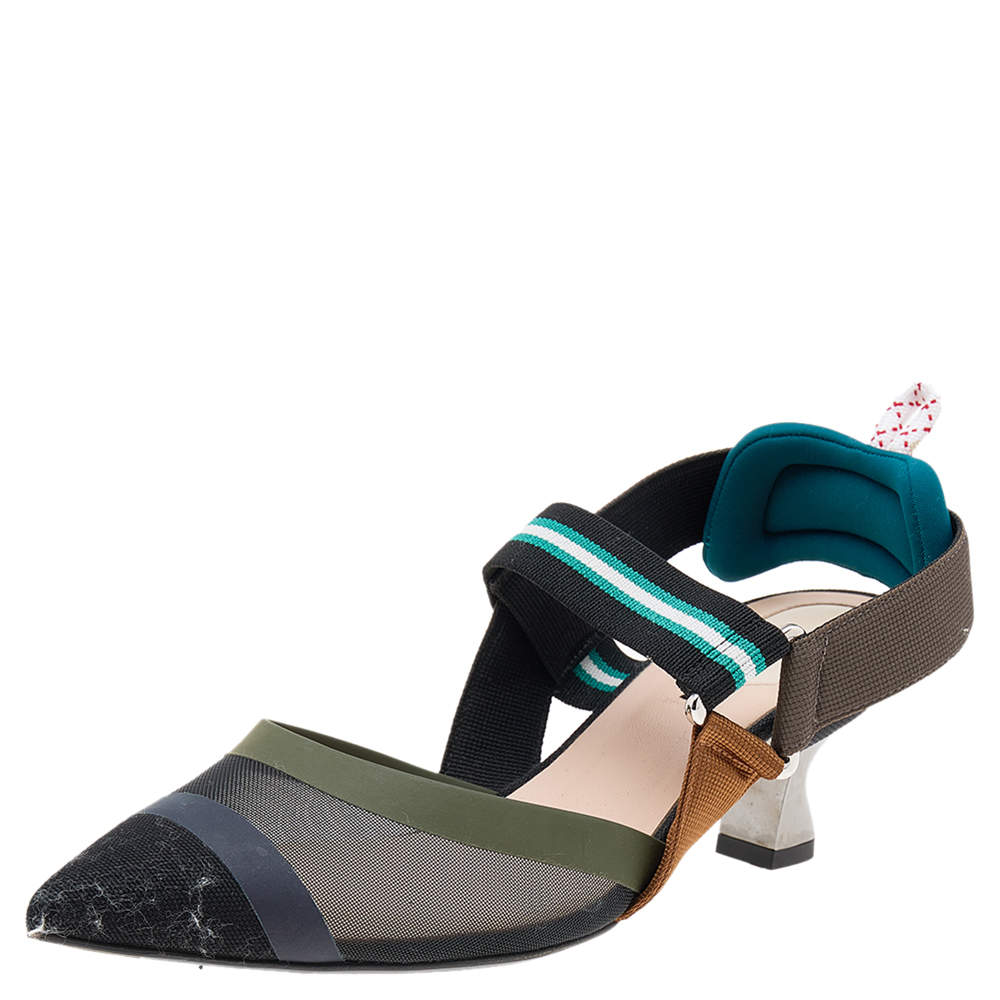 Pre Owned صندل فندي كوليبري قماش وشبكة متعدد الألوان مقدمة مدببة بحزام للكاحل مقاس 37.5