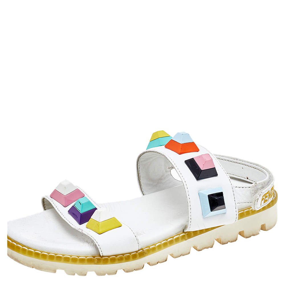 Fendi White Leather Fantasia Studded Flat Sandals Size 35 Fendi | The ...