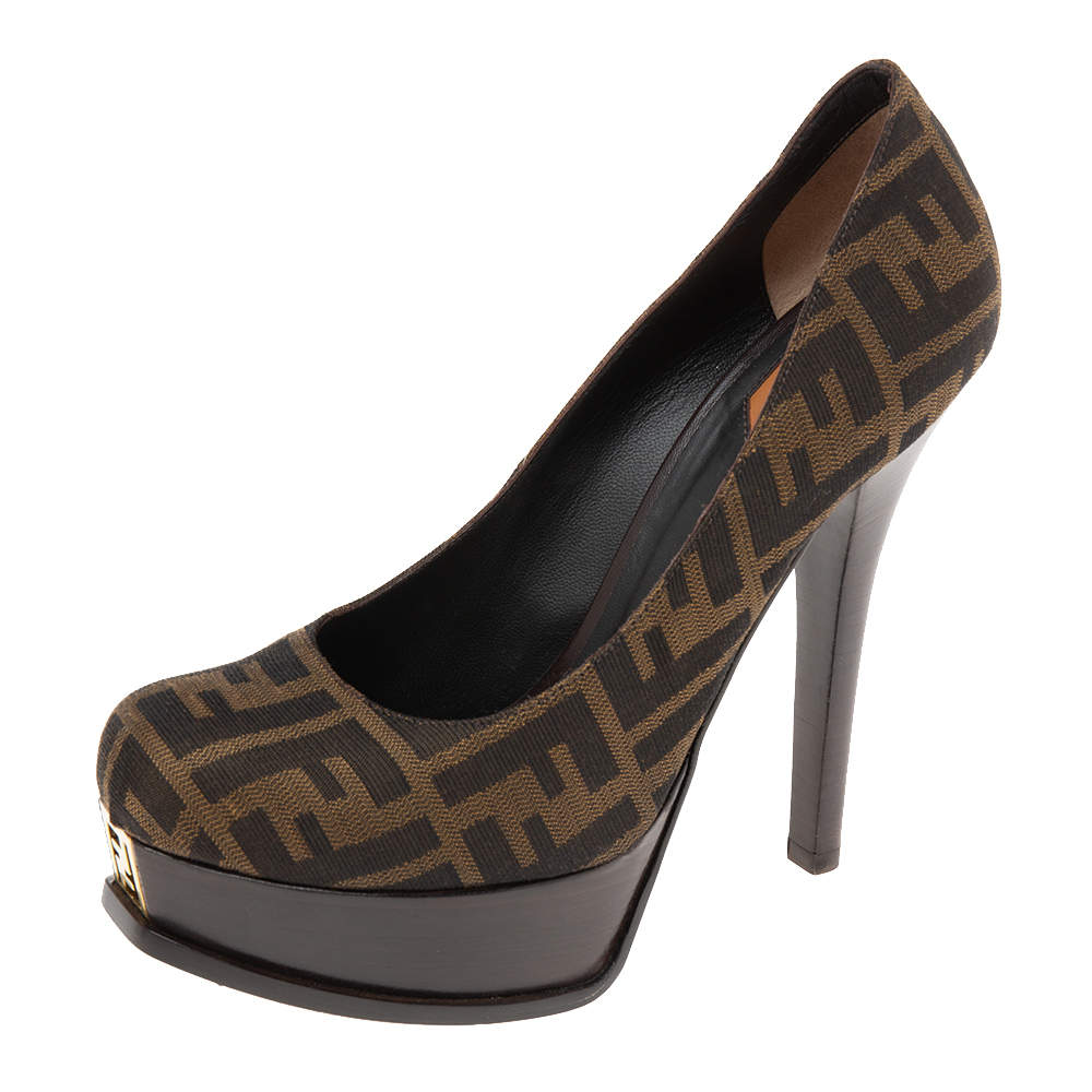 Pre Owned Fendi Tobacco Zucca Canvas Fendista Platform Pumps Size 40
