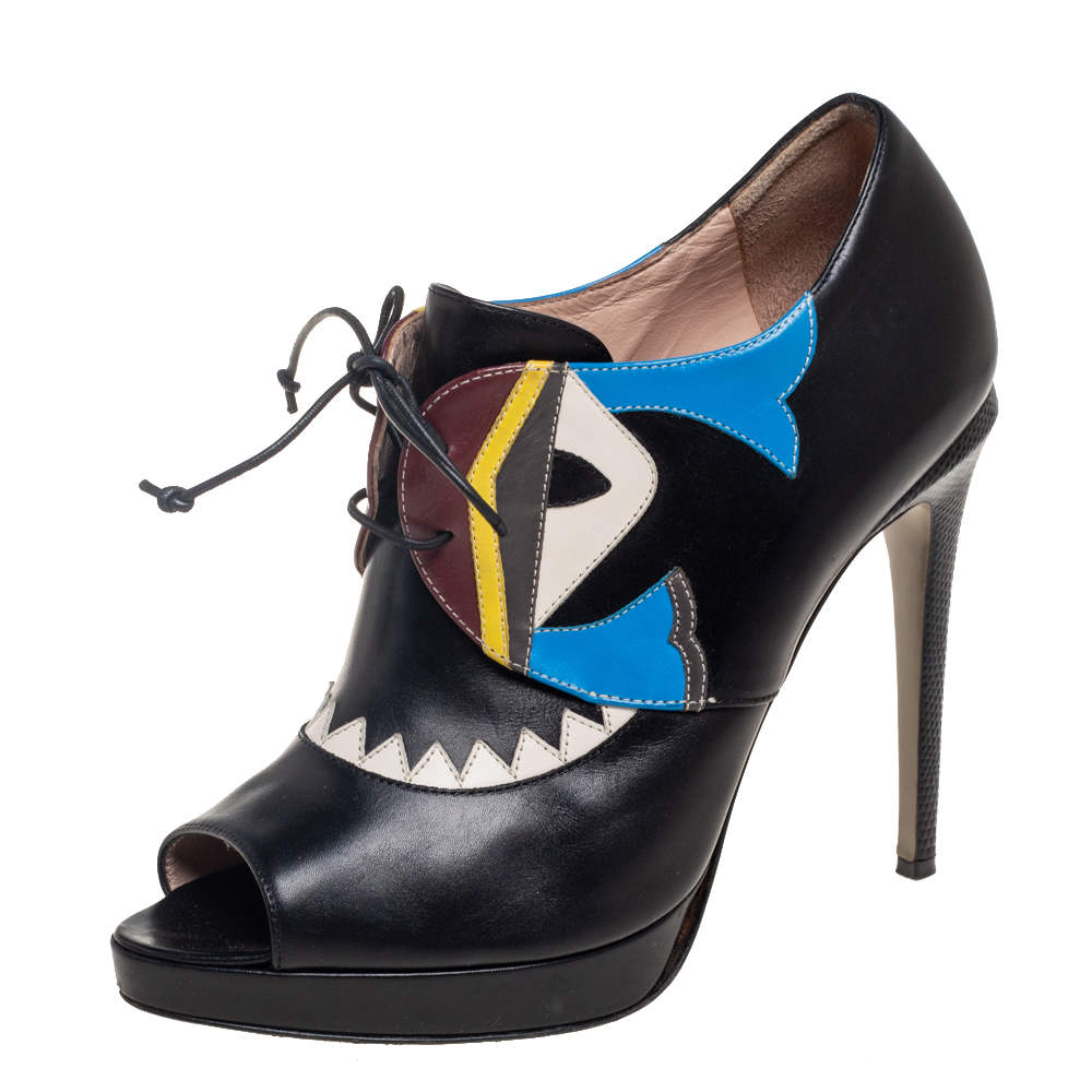 Pre Owned Fendi Black Leather And Lizard Embossed Peep Toe Platform Booties Size 38.5