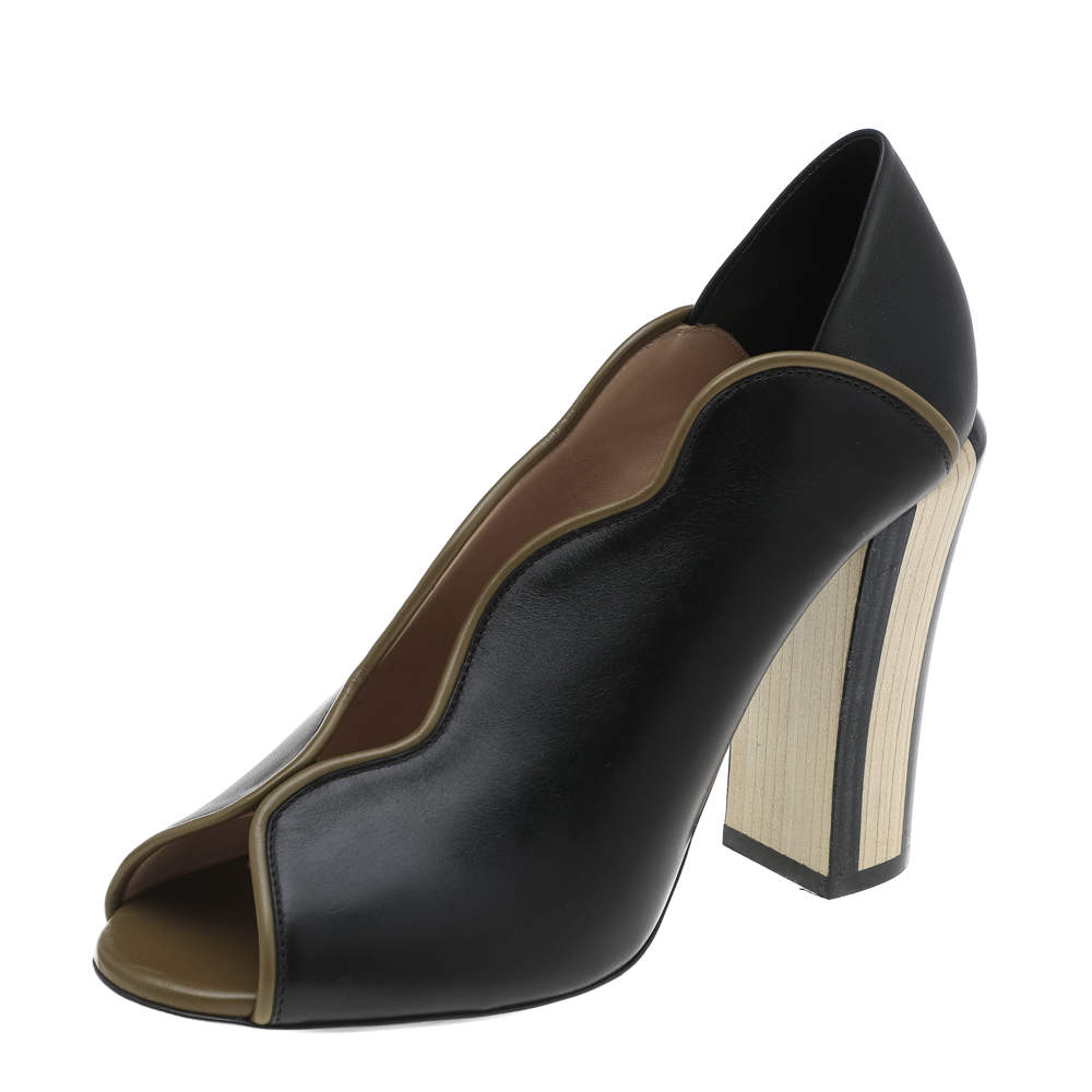 Pre Owned Fendi Black/Olive Green Wave Leather Block Heel Peep Toe Pumps Size 37