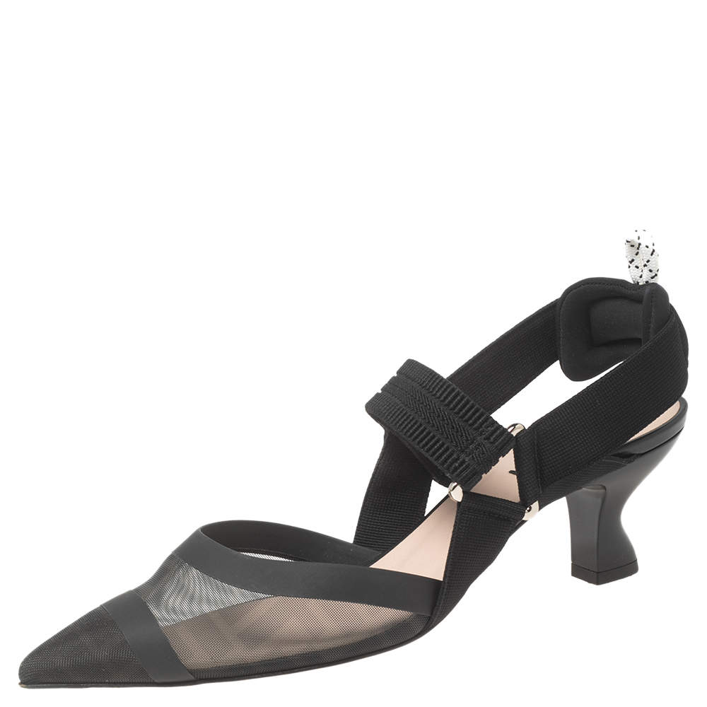 Pre Owned Fendi Black Zucca Mesh Colibri Slingback Pumps Size 39