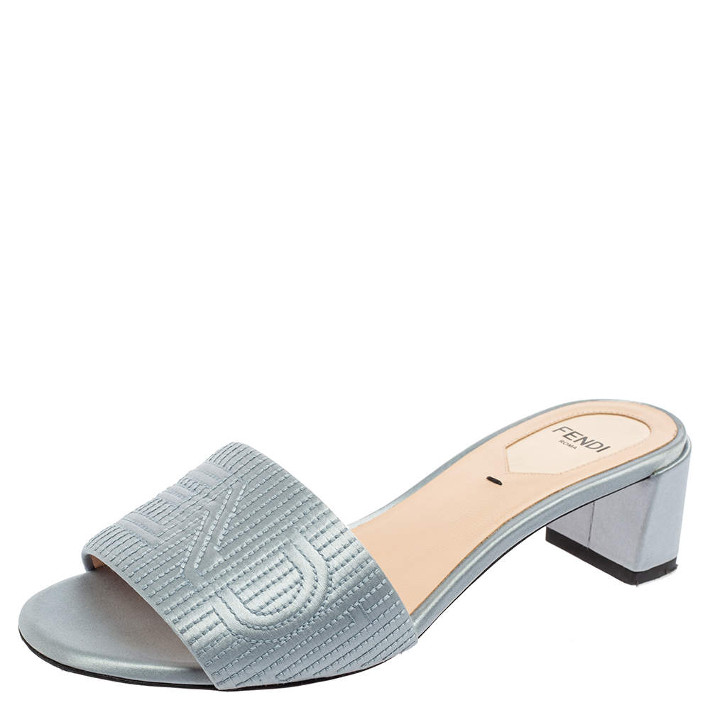 Pre Owned Fendi Blue Satin Logo Embroidered Block Heel Slides Size 35