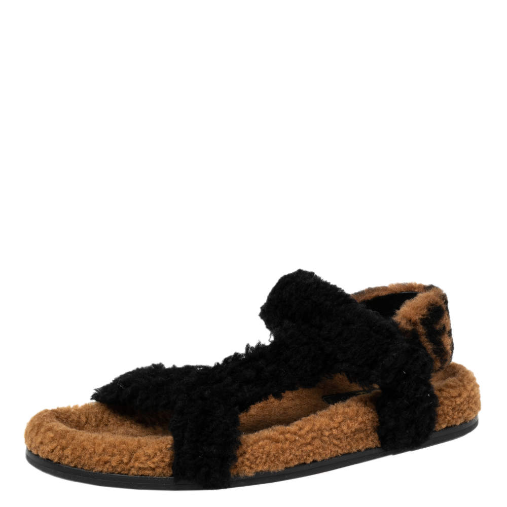 Pre Owned Fendi Brown/Black Shearling Fur Ankle Strap Flat Sandals Size 41