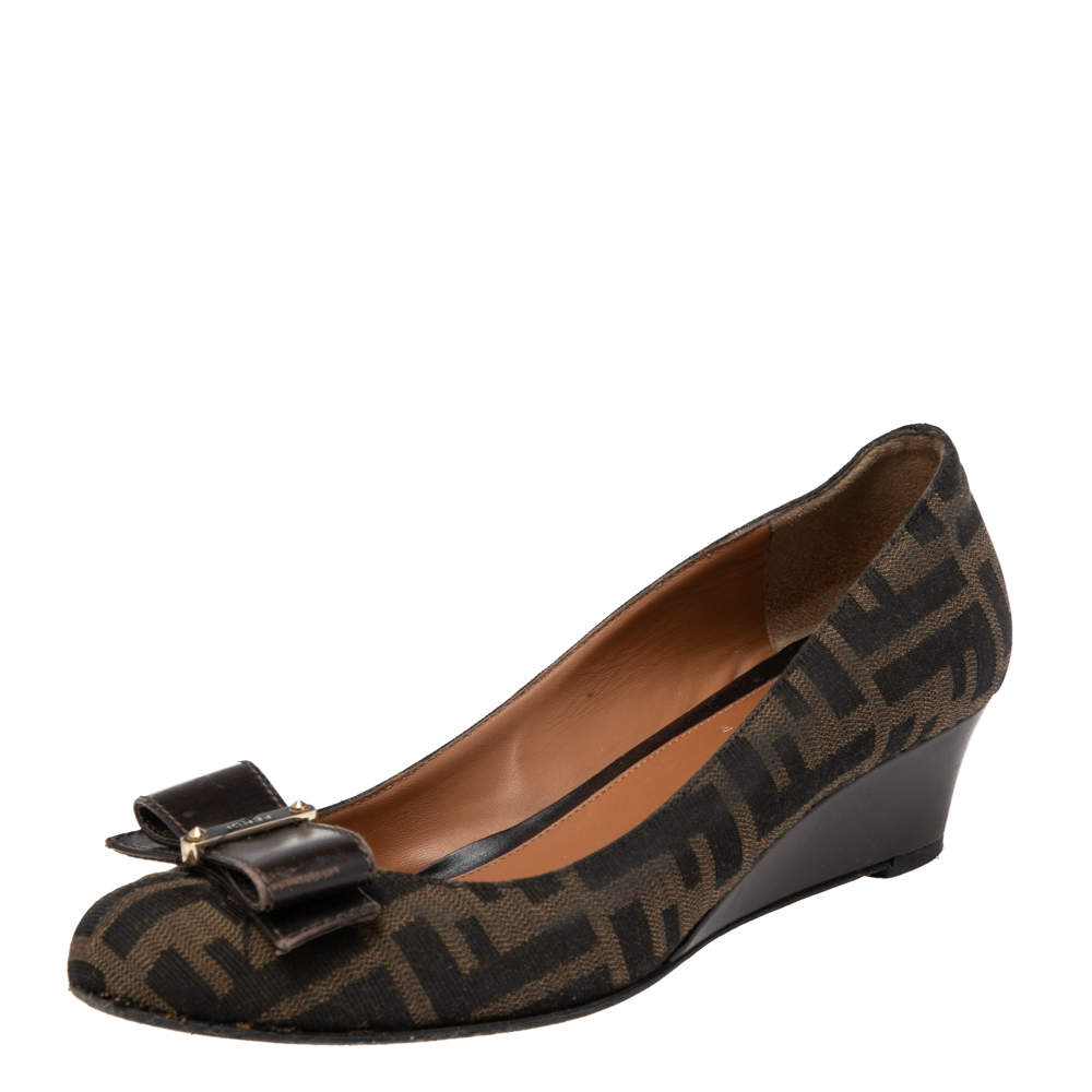 Pre Owned Fendi Brown FF Canvas And Leather Bow Wedge Pumps Size 37.5