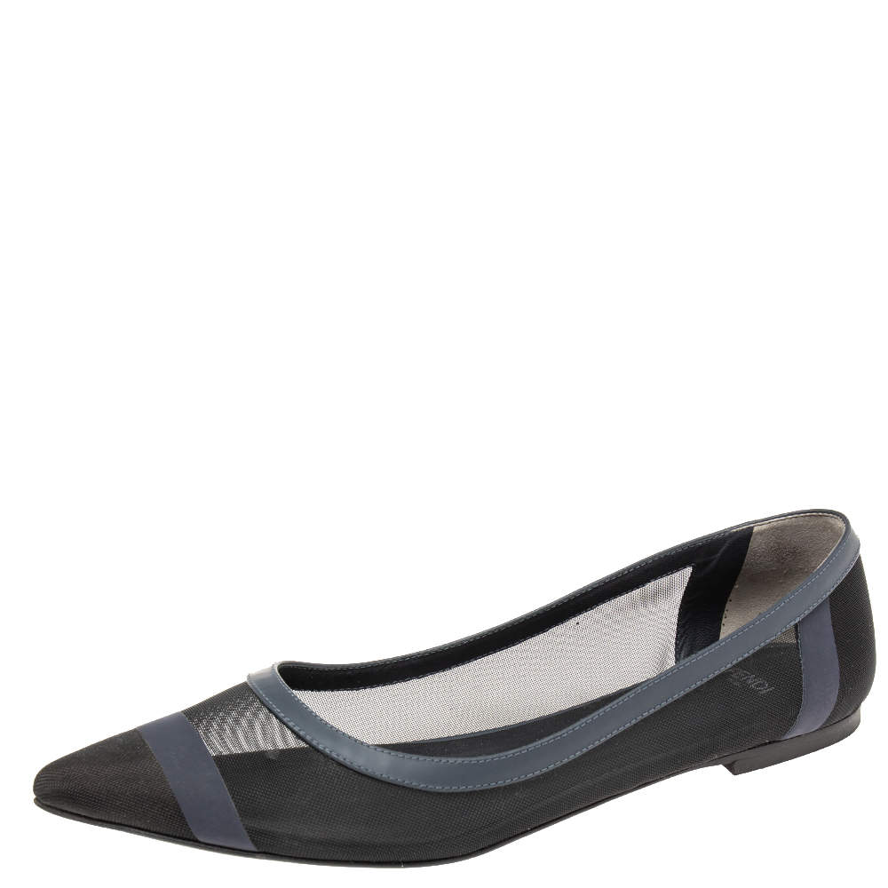 Pre Owned Fendi Black/Navy Blue Mesh Pointed Toe Ballet Flats Size 39.5