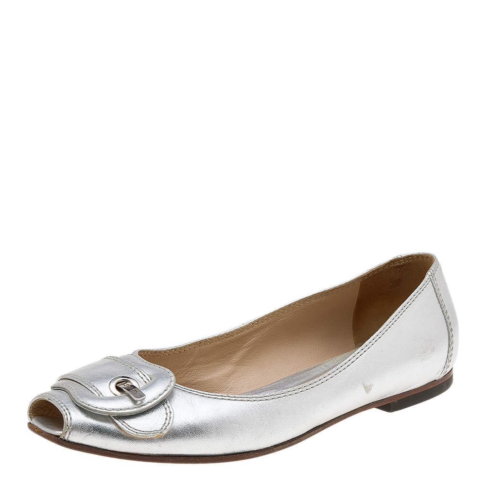 Pre Owned Fendi Metallic Silver Leather Buckle Peep Toe Ballet Flats Size 38.5