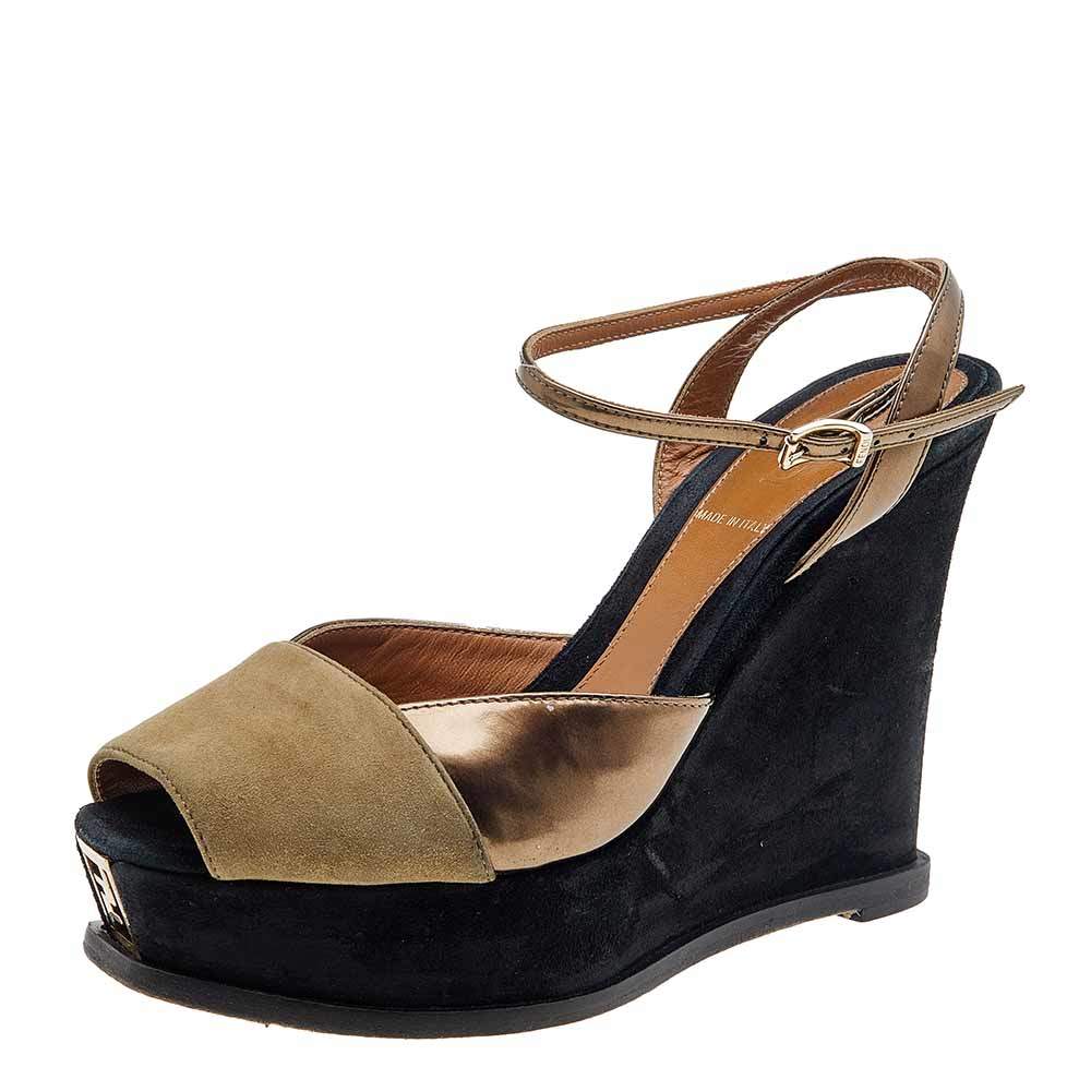 Pre Owned Fendi Multicolor Suede And Leather Fendista Wedge Platform Ankle Strap Sandals Size 36