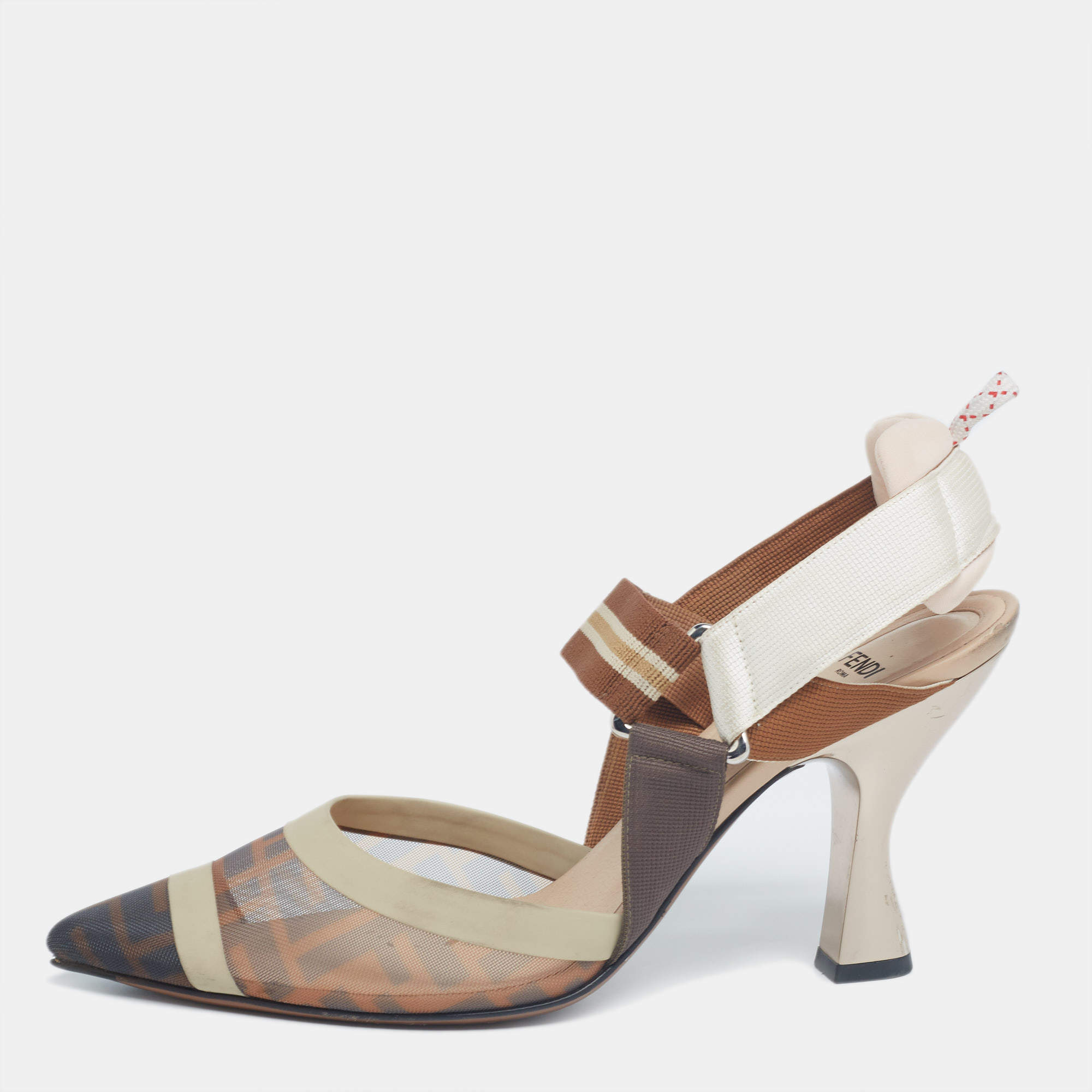 Pre Owned Fendi Brown/Beige Zucca Mesh And Leather Colibri Slingback Sandals  Size 39