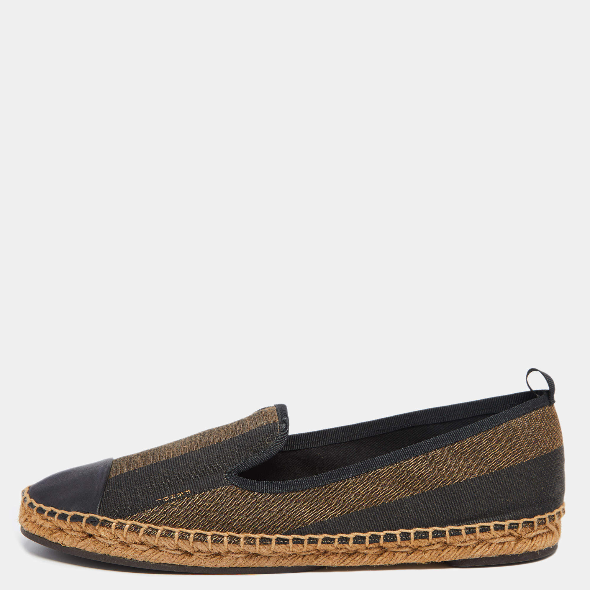 مملوكة مسبقًا Fendi Black/Brown Pequin Stripe Canvas Junia Cap Toe Espadrilles Size 41