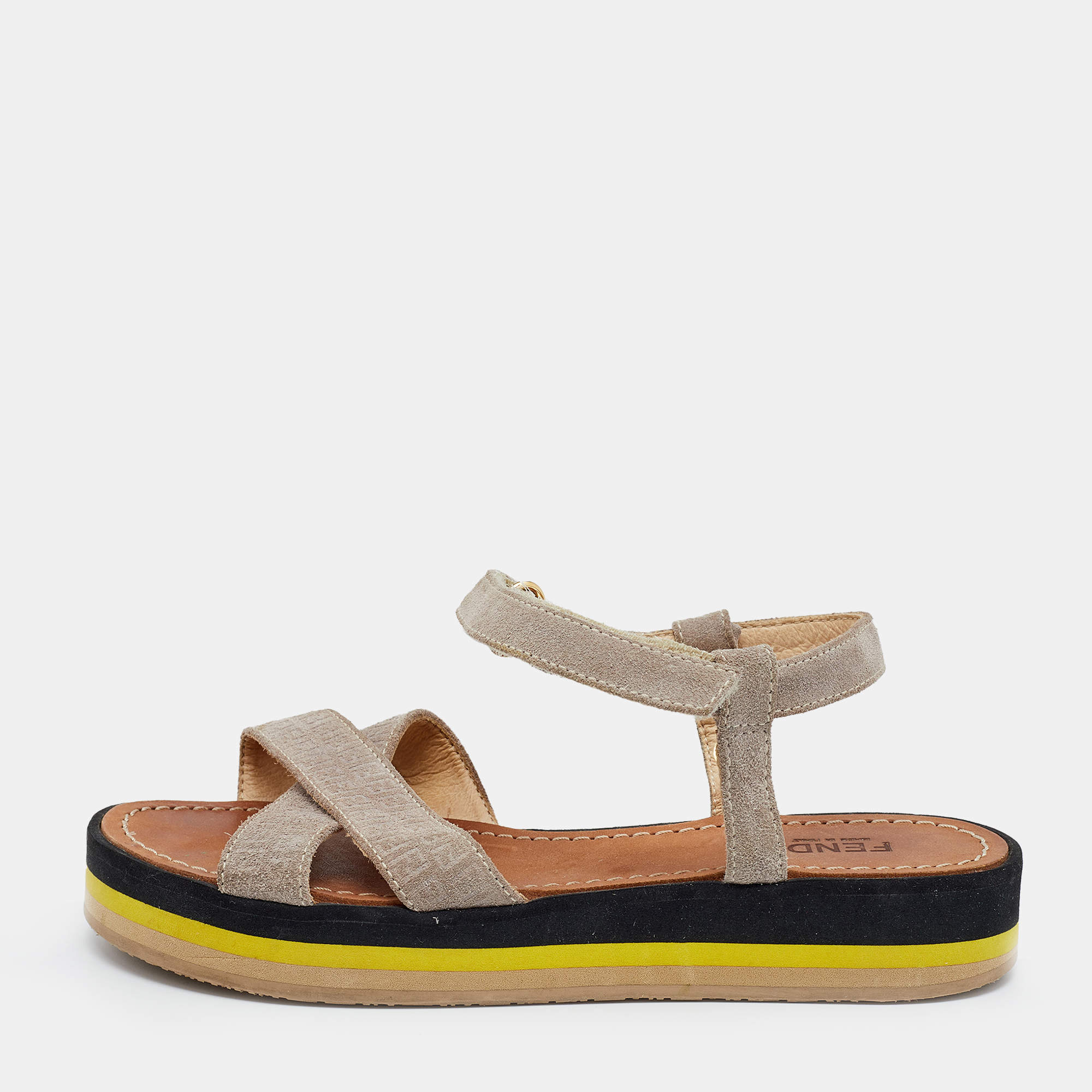 Pre Owned Fendi Grey Embossed FF Suede Criss Cross Flat Sandals Size 36
