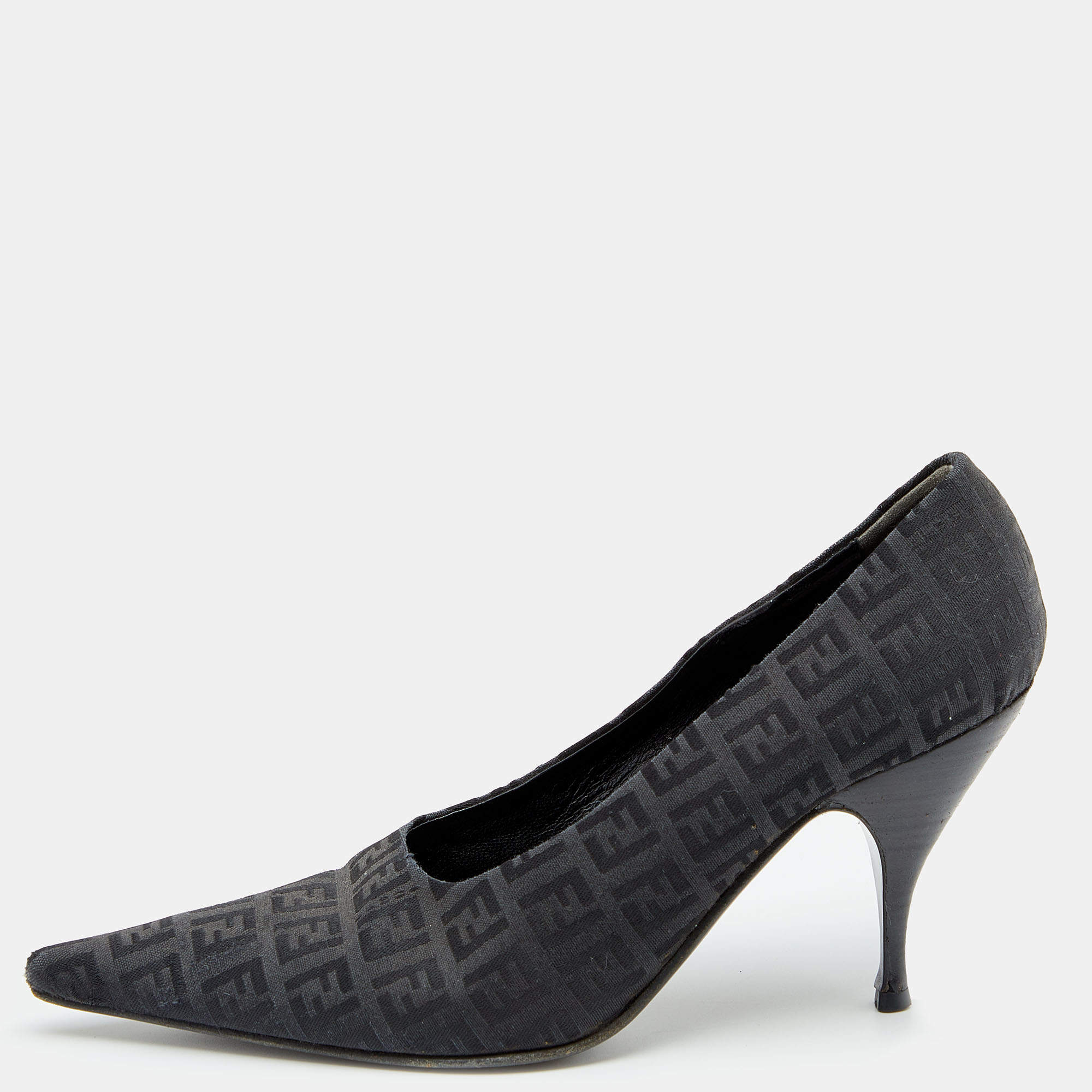 Pre Owned Fendi Black FF Zucca Canvas Pointed Toe Pumps Size 38.5