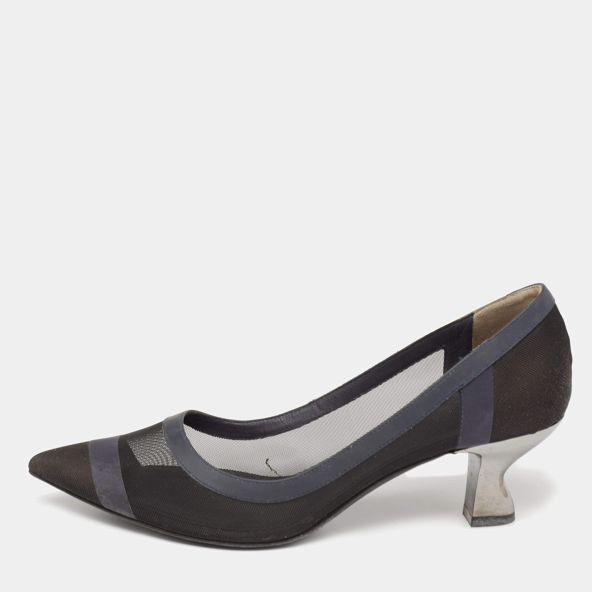 Pre Owned Fendi Blue/Black Mesh And Leather Colibri  Pumps Size 38.5