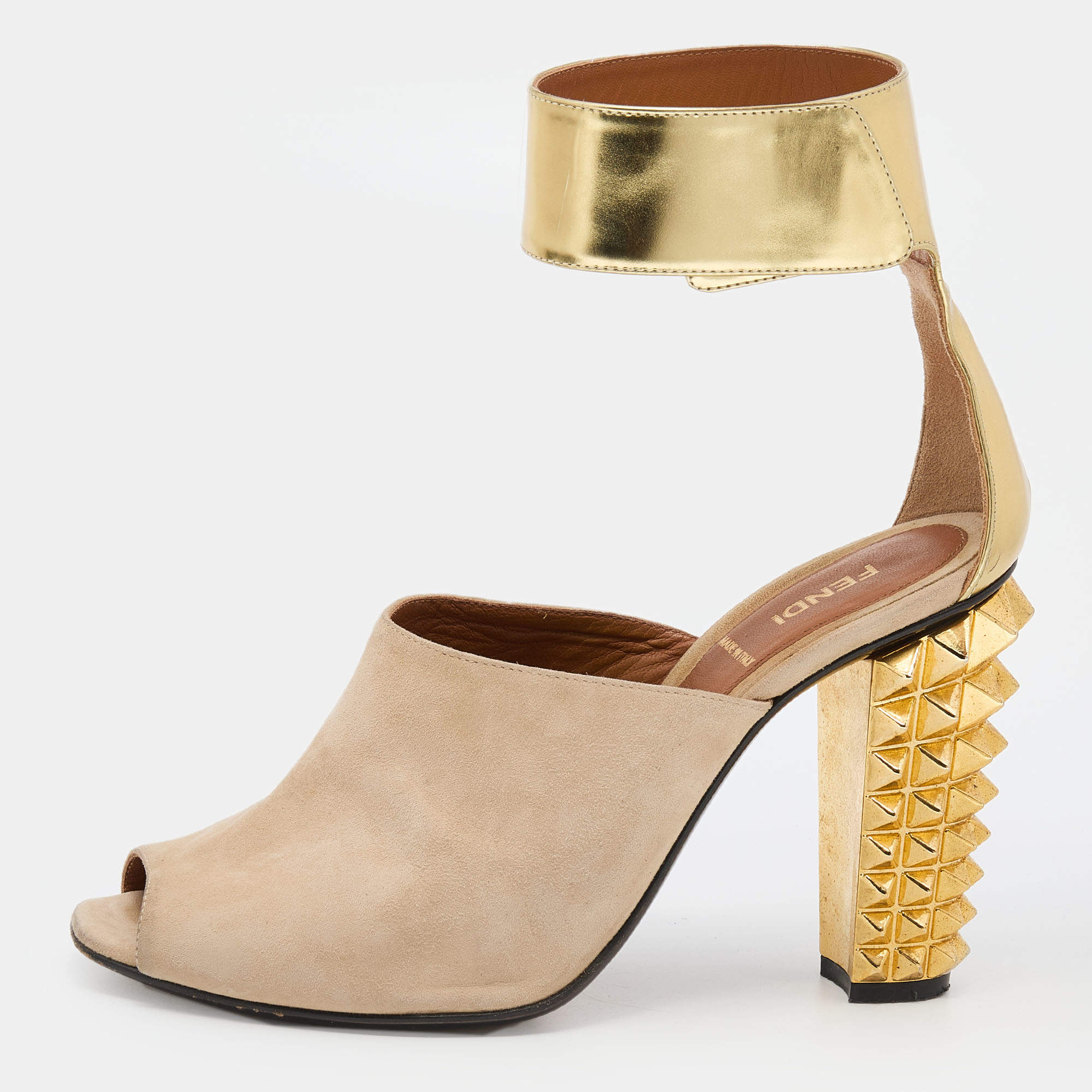 Pre Owned Fendi Beige/Gold Suede and Leather Studded Block Heel Sandals Size 40.5