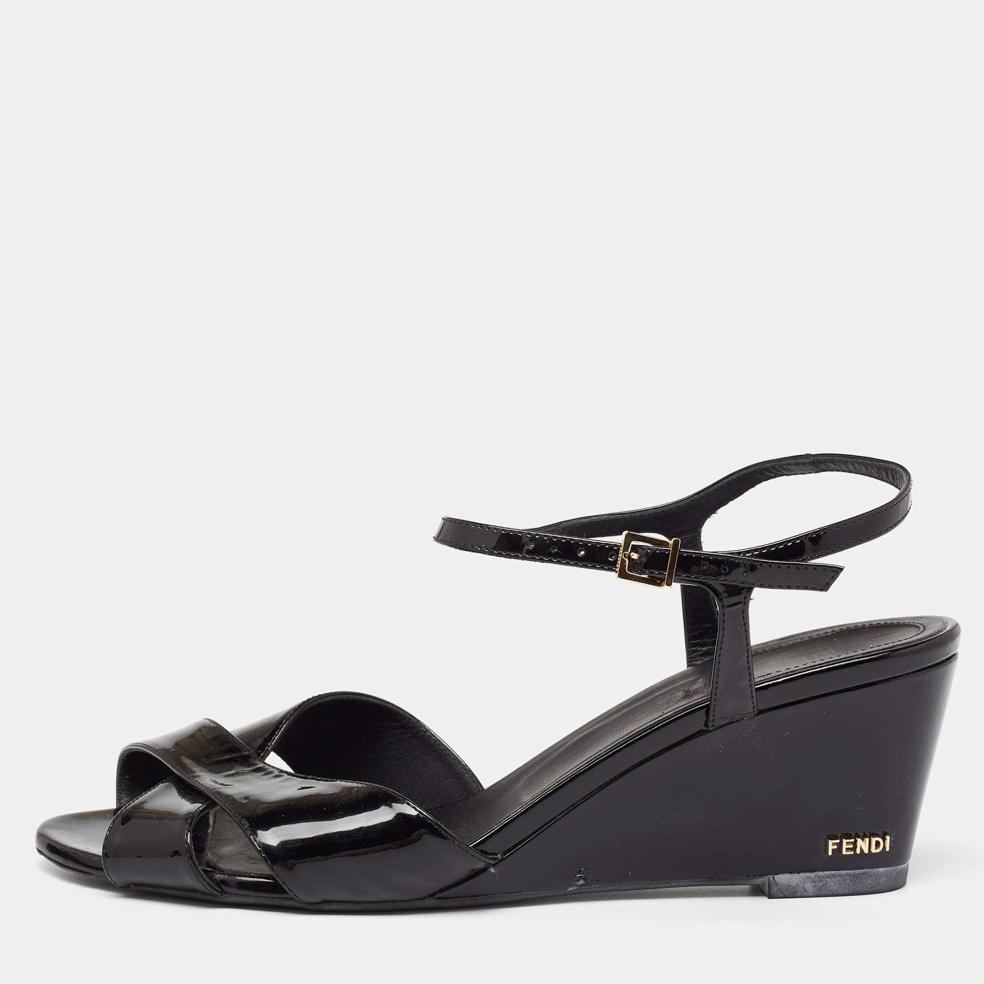 Pre Owned Fendi Black Patent Leather Wedge Ankle Strap Sandals Size 42