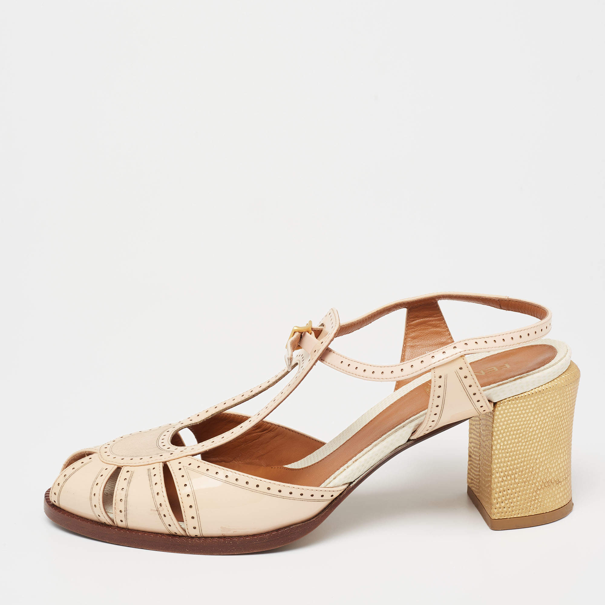 مملوكة مسبقًا Fendi Beige/Gold Patent And Lizard Embossed Leather Chameleon Block Heel Sandals Size 41