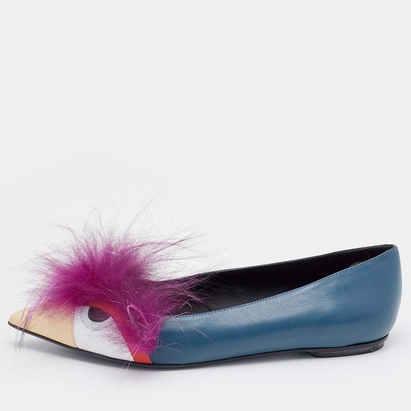 مملوكة مسبقًا حذاء فلات باليه فندي مونستر أي جلد وفرو متعدد الألوان مقدمة مدببة مقاس 39