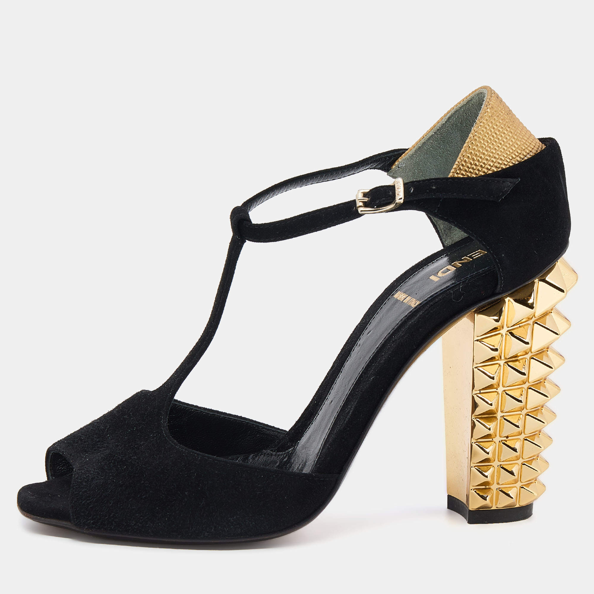 Pre Owned Fendi Black/Gold Suede And Embossed Leather Studded Block Heel T-Strap Sandals Size 36