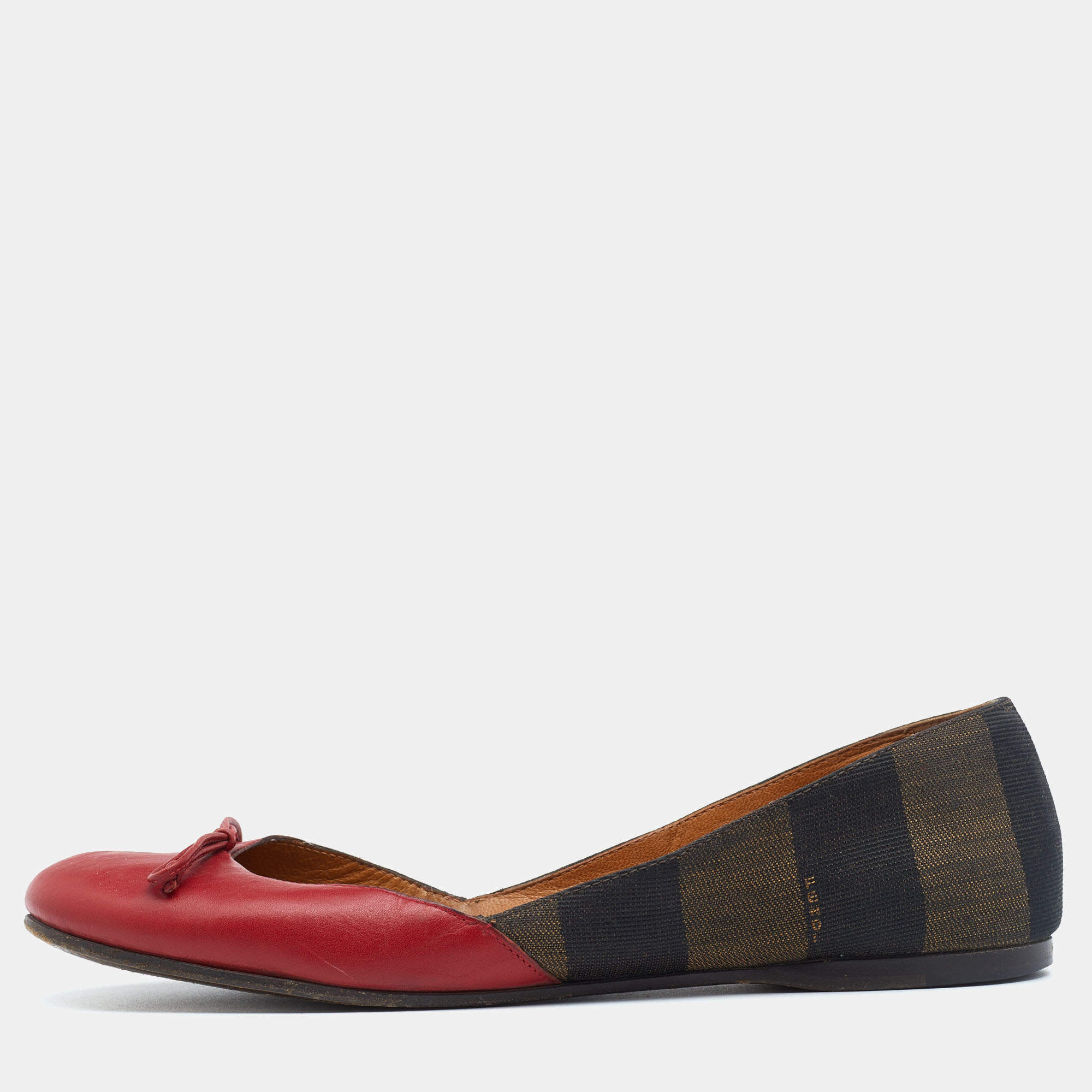 مملوكة مسبقًا حذاء باليرينا فلات فندي كانفاس وجلد أحمر/بني مقاس 40