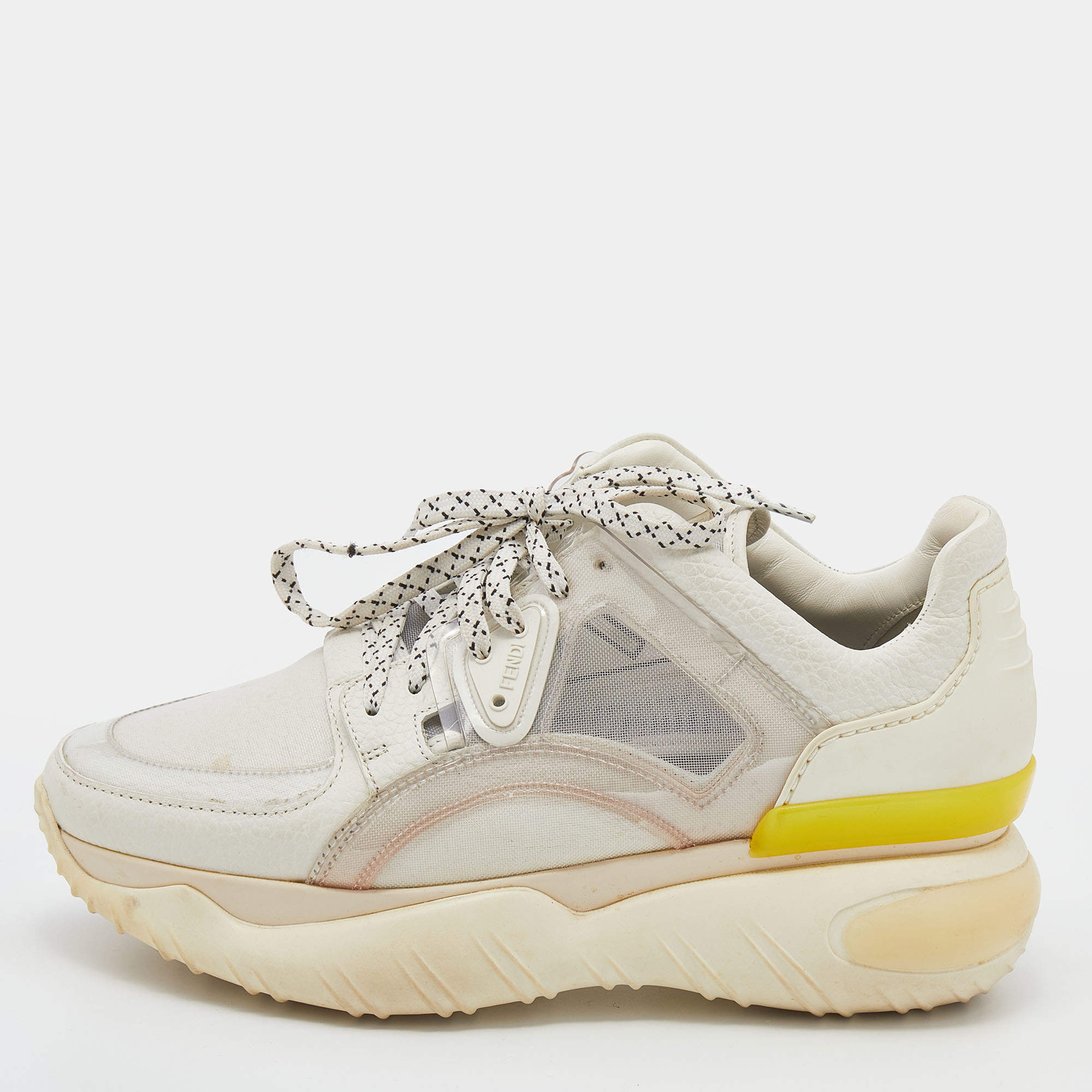 Pre Owned Fendi White Leather/PVC and Mesh Sneakers Size 38