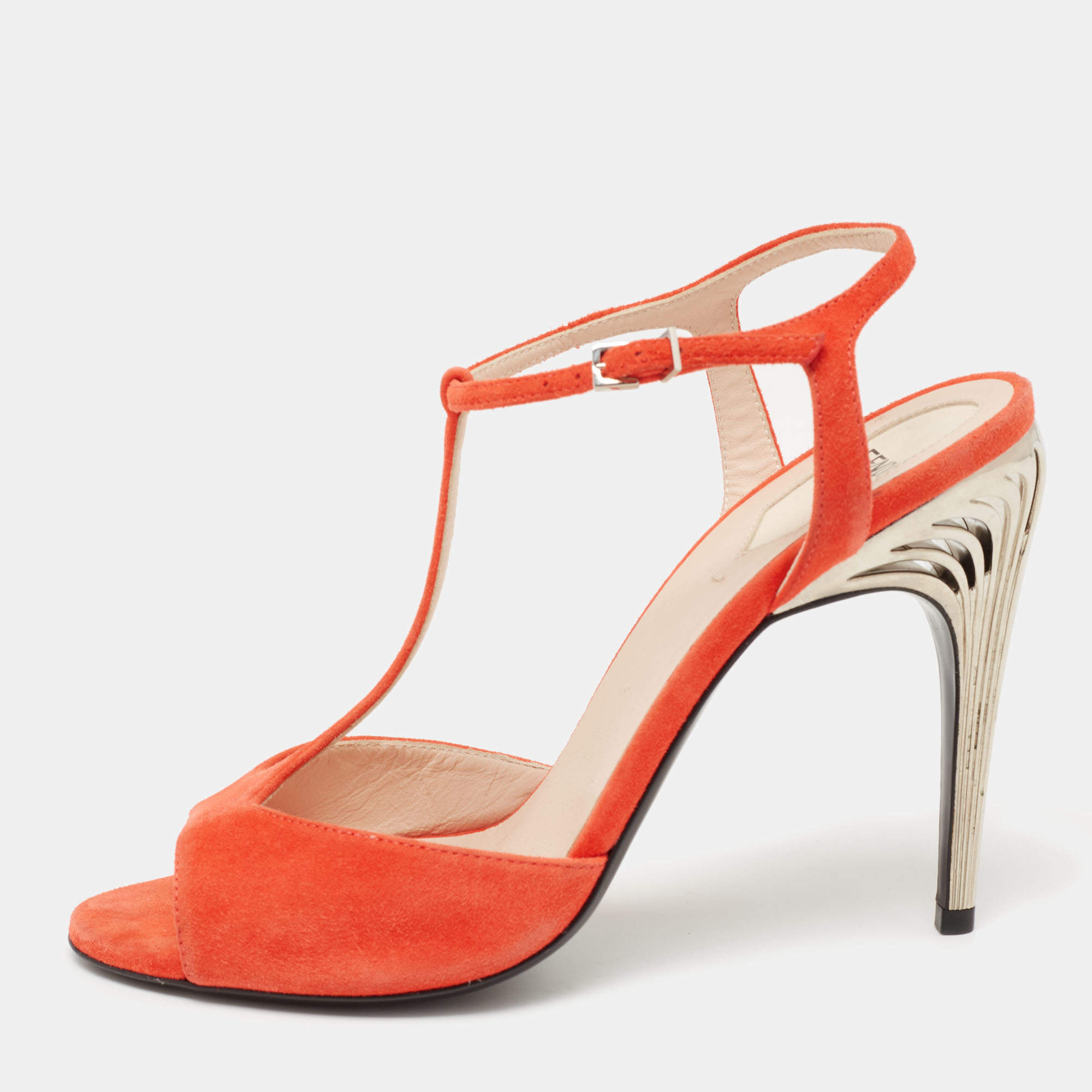 Pre Owned Fendi Coral Red Suede Open Toe Ankle Strap Sandals Size 39